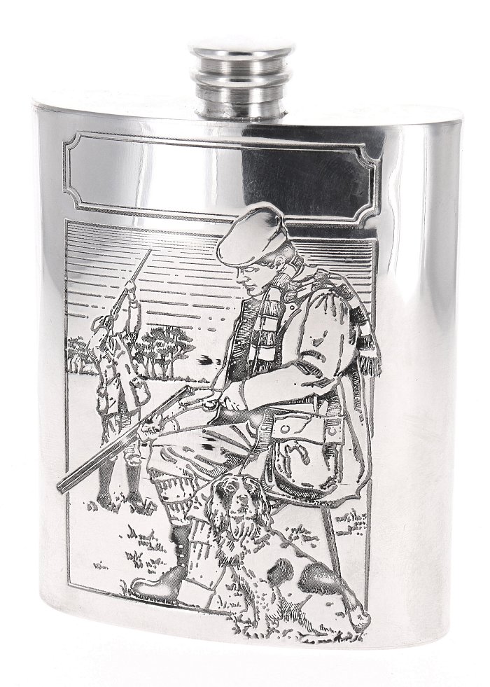 Arcadia - Fiasca in Peltro Inglese 6 oz - scena Caccia
