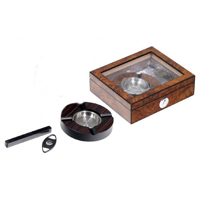 Lubinski - Set Regalo in Olmo Opaco con Scatola Umidificata, Posacenere e Cutter