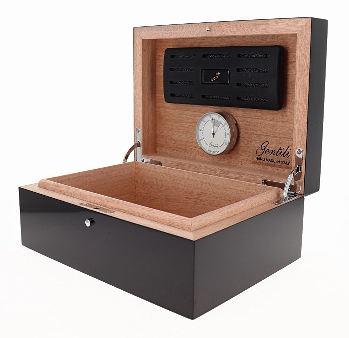 Gentili - Humidor Scatola Umidificata Laccata Nera per 20 Sigari o 40 Toscani