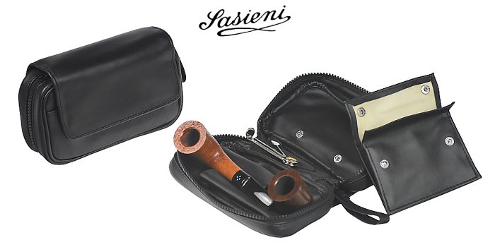 Sasieni - Borsa Nappa - 1 Scomparto con Zip -  Fermi in pelle per 2Pipe Tabacco e Accessori - Nero