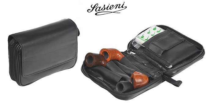 Sasieni - Borsa Nappa - 1 Scomparto con Zip -  Fermi in pelle per 4 Pipe e Accessori - Nero