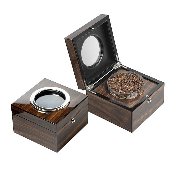 Lubinski - Elegante Scatola porta tabacco Cubo con oblò in vetro in noce lucido con umidificatore