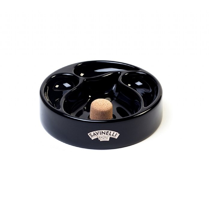 Savinelli - Posacenere in CERAMICA NERO con Logo Savinelli con 3 poggiapipe e battipipa