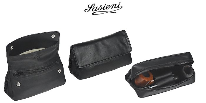 Sasieni - Borsa Nappa - 3 Scomparti (2Pipe-Tabacco-Accessori) con Bottoni - Nero