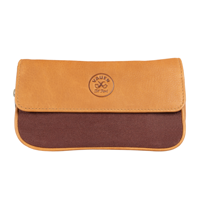Vauen - Borsa Pelle - 3 Scomparti con Chiusura Magnetica e Cerniera  -  Fermi in pelle per 1 Pipa e Accessori - Marrone - Inserti in Canvas
