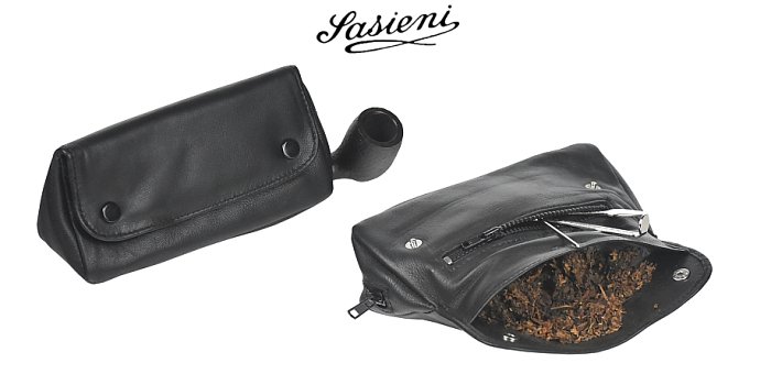Sasieni - Borsa Nappa - 3 Scomparti (Pipa-Tabacco-Accessori) con Bottoni - Nero