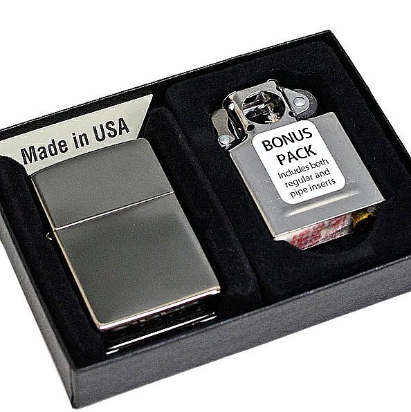 Zippo Set Cromo Lucido 2 inserti Pipa + Regular