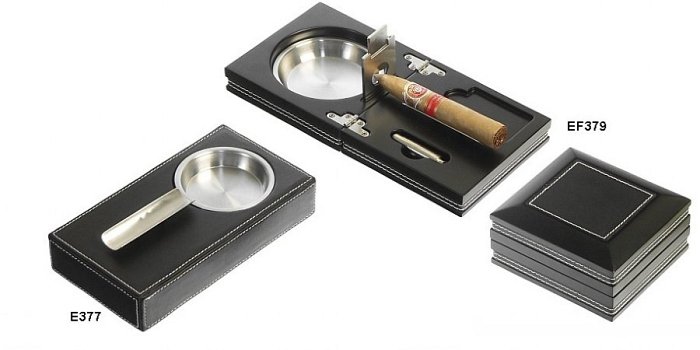 Lubinski - Elegante Posacenere richiudibile in legno nero similpelle con tagliasigari e bucasigari