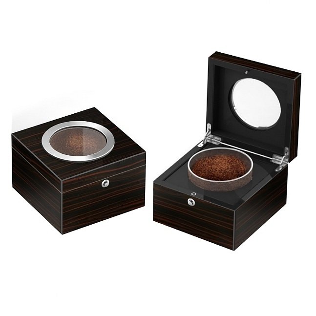 Lubinski - Elegante Scatola porta tabacco Cubo con oblò in vetro in Ebano Opaco con umidificatore