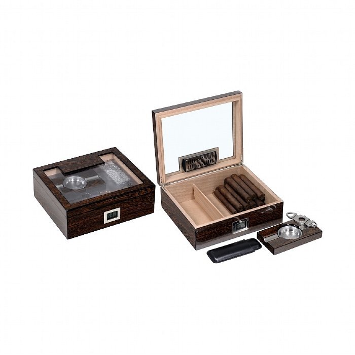Lubinski - Set scatola Umidificata GLASS in Ironwood lucido con igrometro, posacenere, tagliasigari e portasigari