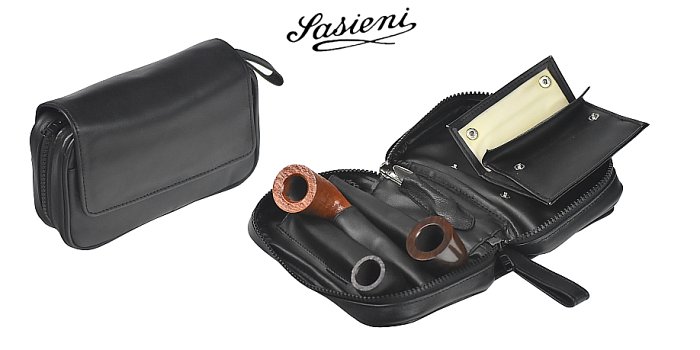 Sasieni - Borsa Nappa - 1 Scomparto con Zip -  Fermi in pelle per 3 Pipe Tabacco e Accessori - Nero