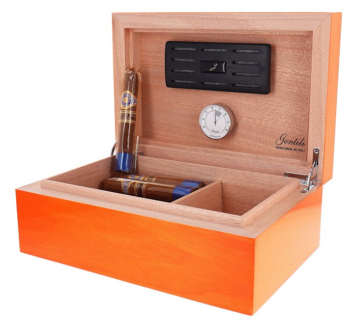 Gentili - Humidor Scatola Umidificata in Bolivar Arancione per 30 Sigari o 40 Toscani