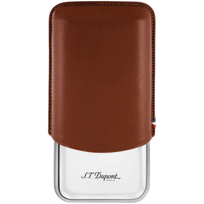 ST Dupont - Porta Sigari Triplo in Metallo e Cuoio Marrone