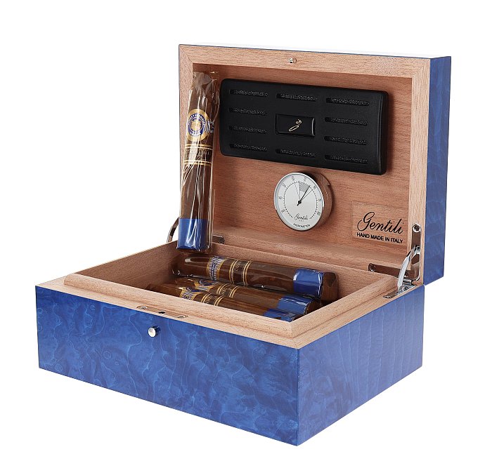 Gentili - Humidor Scatola Umidificata in Madrona Blu per 20 Sigari o Toscani