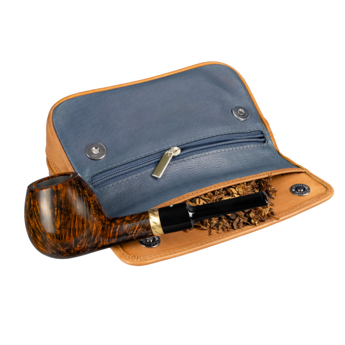 Vauen - Borsa Pelle - 3 Scomparti con Chiusura Magnetica e Cerniera  -  Fermi in pelle per 1 Pipa e Accessori - Navy